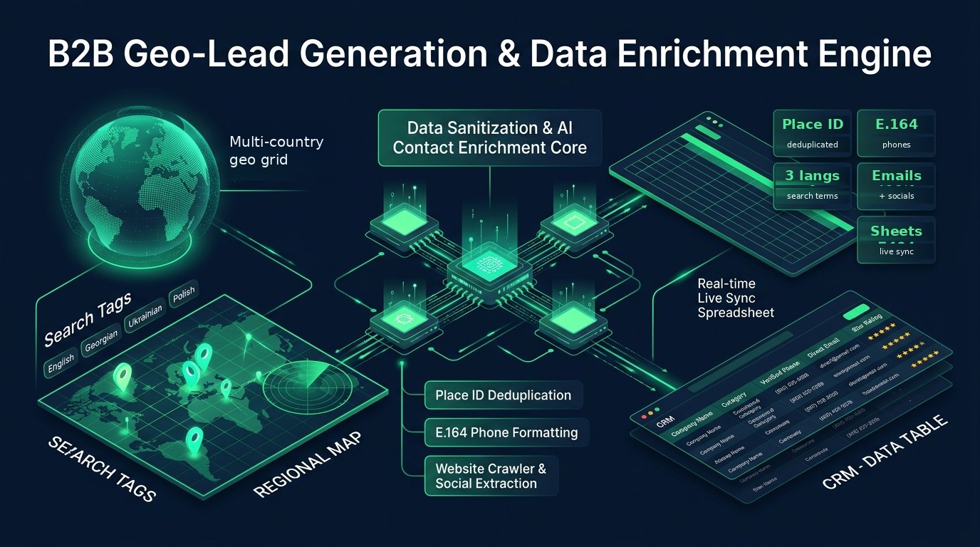 Lead engine flow: search terms and regional map, sanitization and enrichment core, Place ID deduplication, E.164 formatting, website crawler, live Google Sheets table
