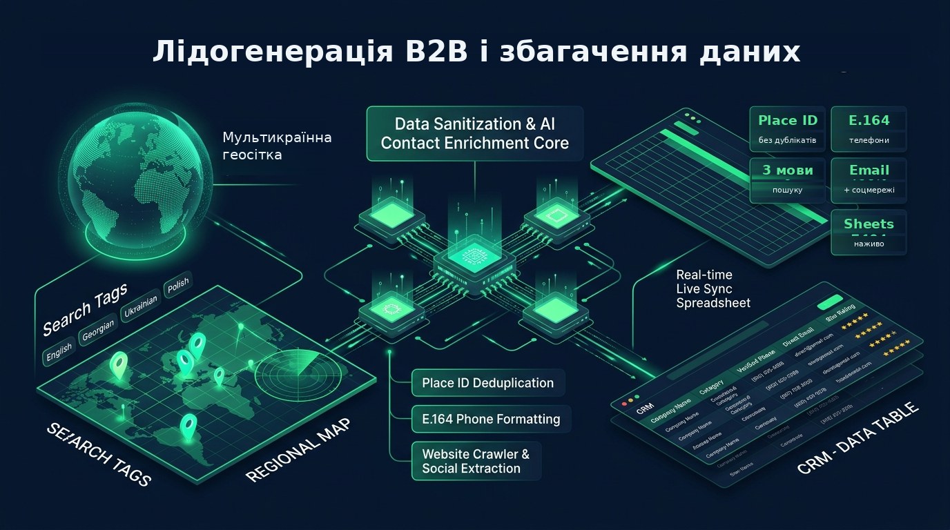 Схема: пошукові запити й регіональна карта, ядро очищення та збагачення, дедуплікація за Place ID, формат E.164, краулер сайтів, жива таблиця Google Sheets