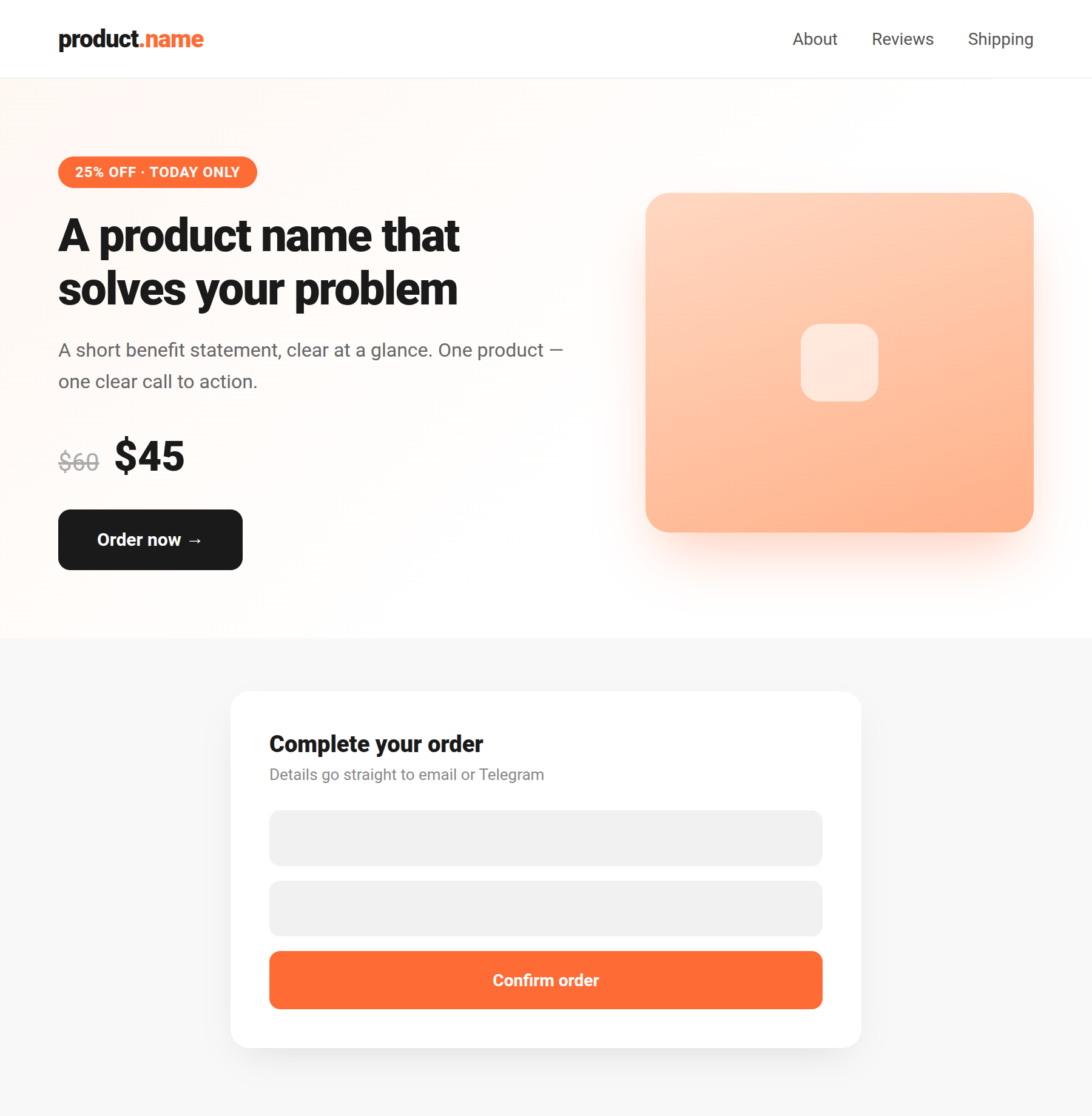 Product landing design: discount badge, price block, single CTA, and an order form