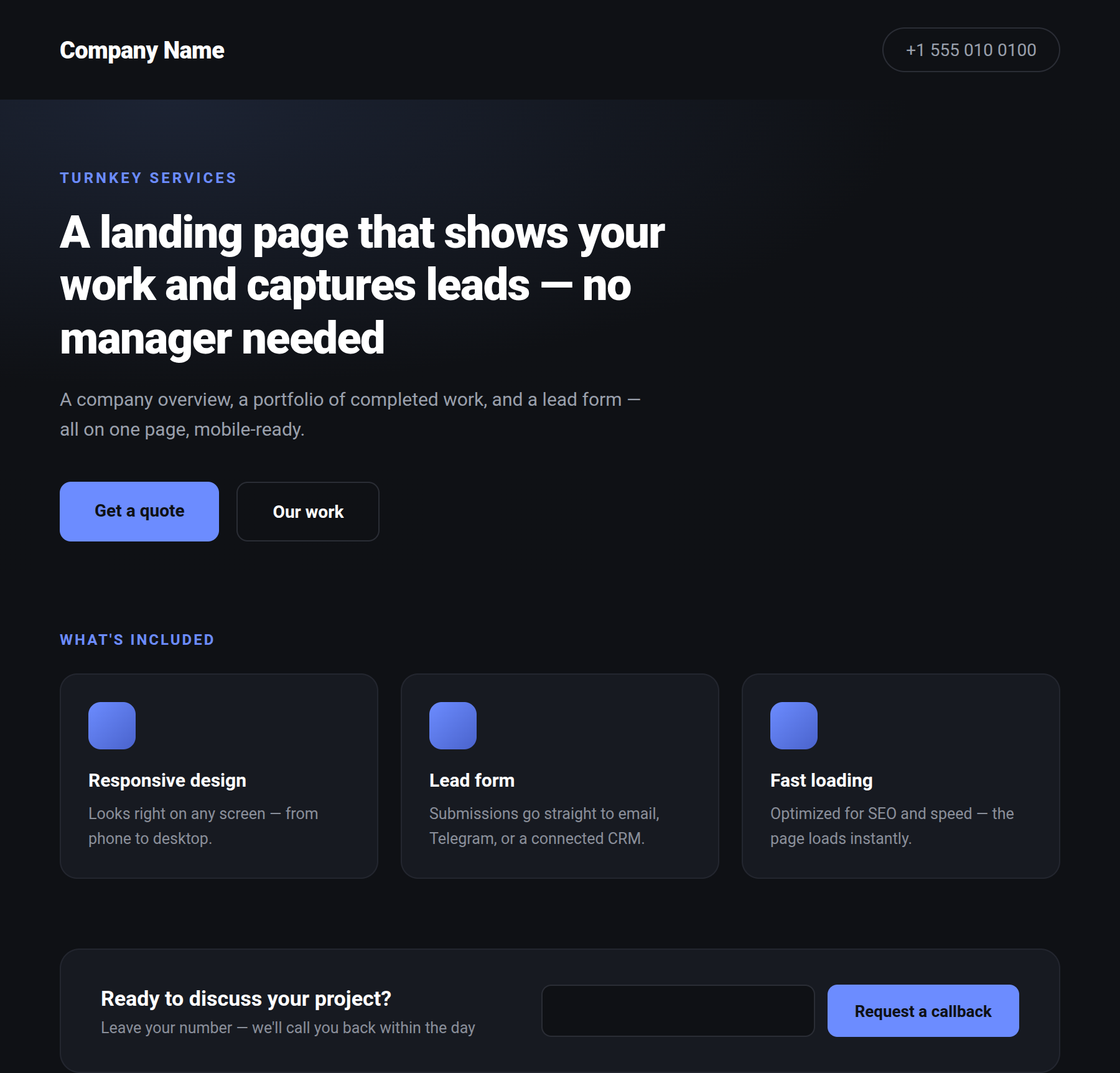 Business landing design: dark theme, feature cards, and a contact block