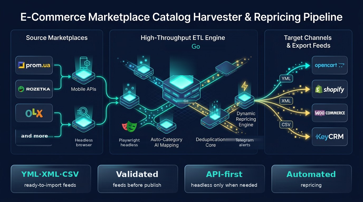 Harvester flow: marketplaces, mobile APIs and headless browser, ETL core with deduplication and category mapping, repricing engine, YML/XML/CSV feeds to OpenCart, Shopify, WooCommerce and KeyCRM