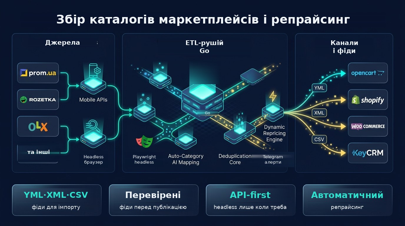 Схема: маркетплейси, мобільні API й headless-браузер, ETL-ядро з дедуплікацією й мапінгом категорій, рушій репрайсингу, фіди YML/XML/CSV в OpenCart, Shopify, WooCommerce і KeyCRM