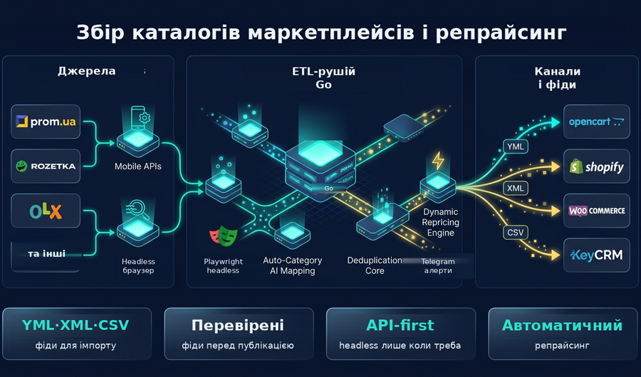 marketplace-harvester — збір каталогів і репрайсинг для Prom.ua, Rozetka та OLX