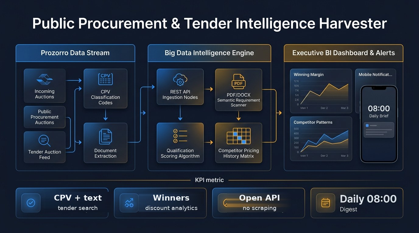 Tender intelligence flow: Prozorro data stream, CPV classification and document extraction, requirement scanner, scoring and competitor pricing history, BI dashboards and a morning mobile digest
