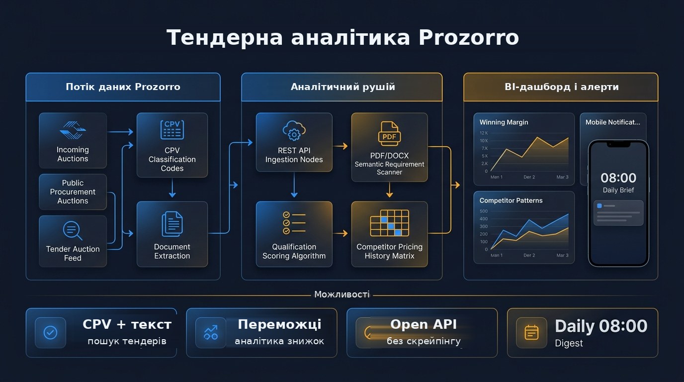 Схема: потік даних Prozorro, класифікація CPV та екстракція документів, сканер вимог, скоринг і історія цін конкурентів, BI-дашборди й ранковий дайджест на телефон