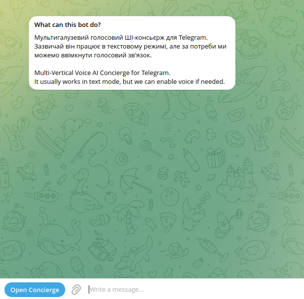 The bot description in Telegram with the Open Concierge button that launches the Mini App